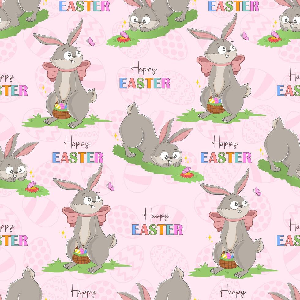 Seamless pattern with funny cheerful bunnies with basket of Easter eggs, looking on butterfly and happy easter inscription. Spring character wrapping paper ready repeat template isolated vector