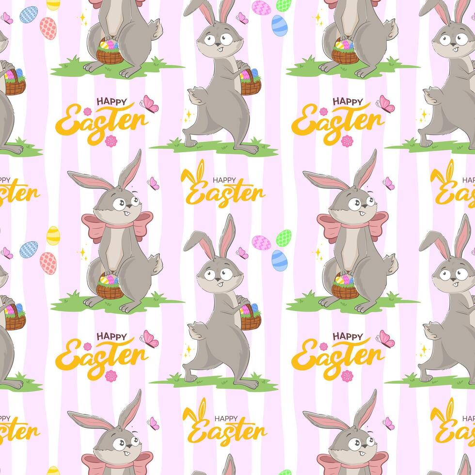 Seamless pattern with funny cheerful bunnies with basket with Easter eggs and happy easter inscription. Spring character wrapping paper ready repeat template vector