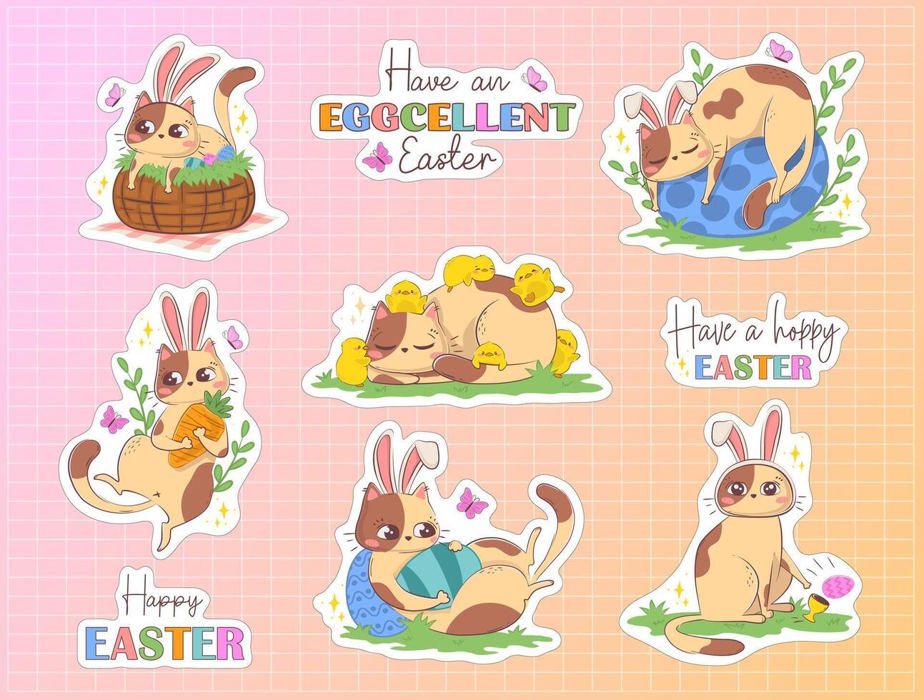 set of printable stickers with a cute cartoon cat in a bunny suit with Easter attributes and pun phrases. Funny spring character. vector