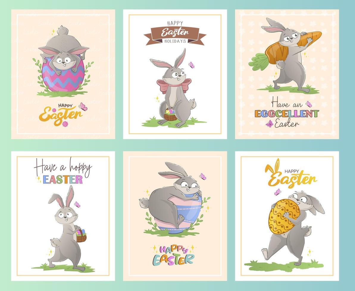 Set of greeting cards with cartoon Easter bunnies with eggs, bows, carrots and lettering. Festive spring collection doodle character isolated on white background. vector