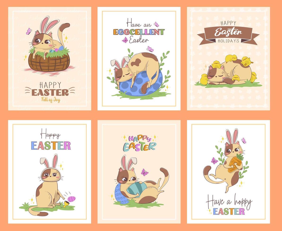 Set of holiday cards for Easter with a cute cartoon cat in a bunny suit and pun phrases vector