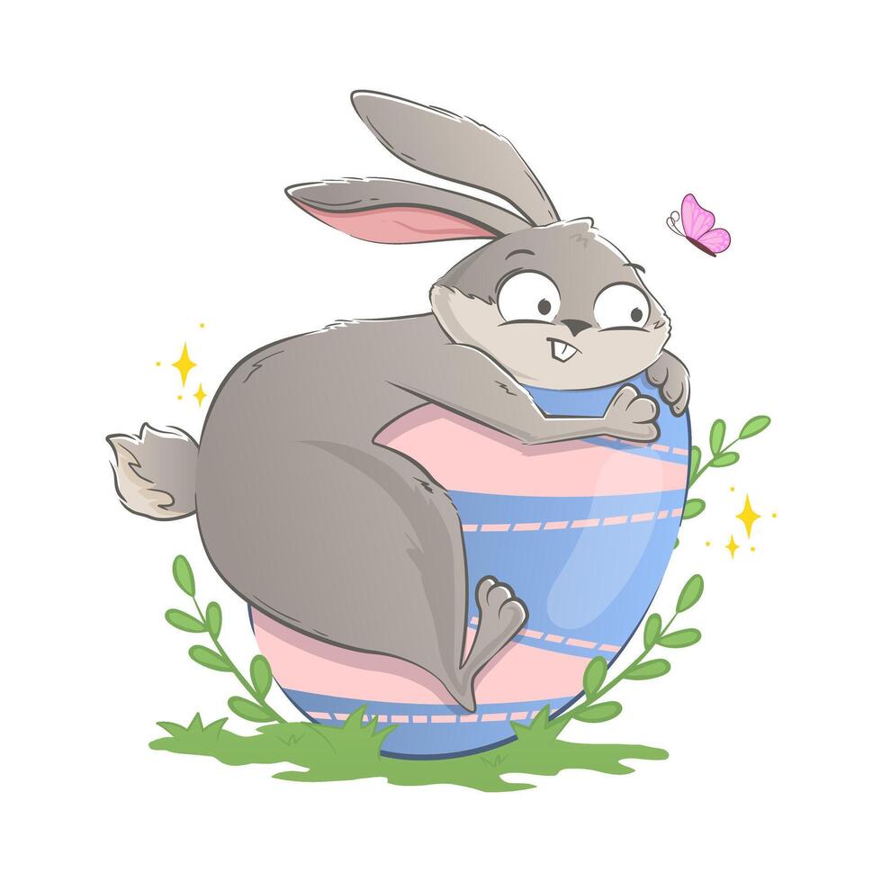 funny Easter bunny climbed and barely stands on a huge egg on the lawn. Holiday doodle character isolated on white background. vector