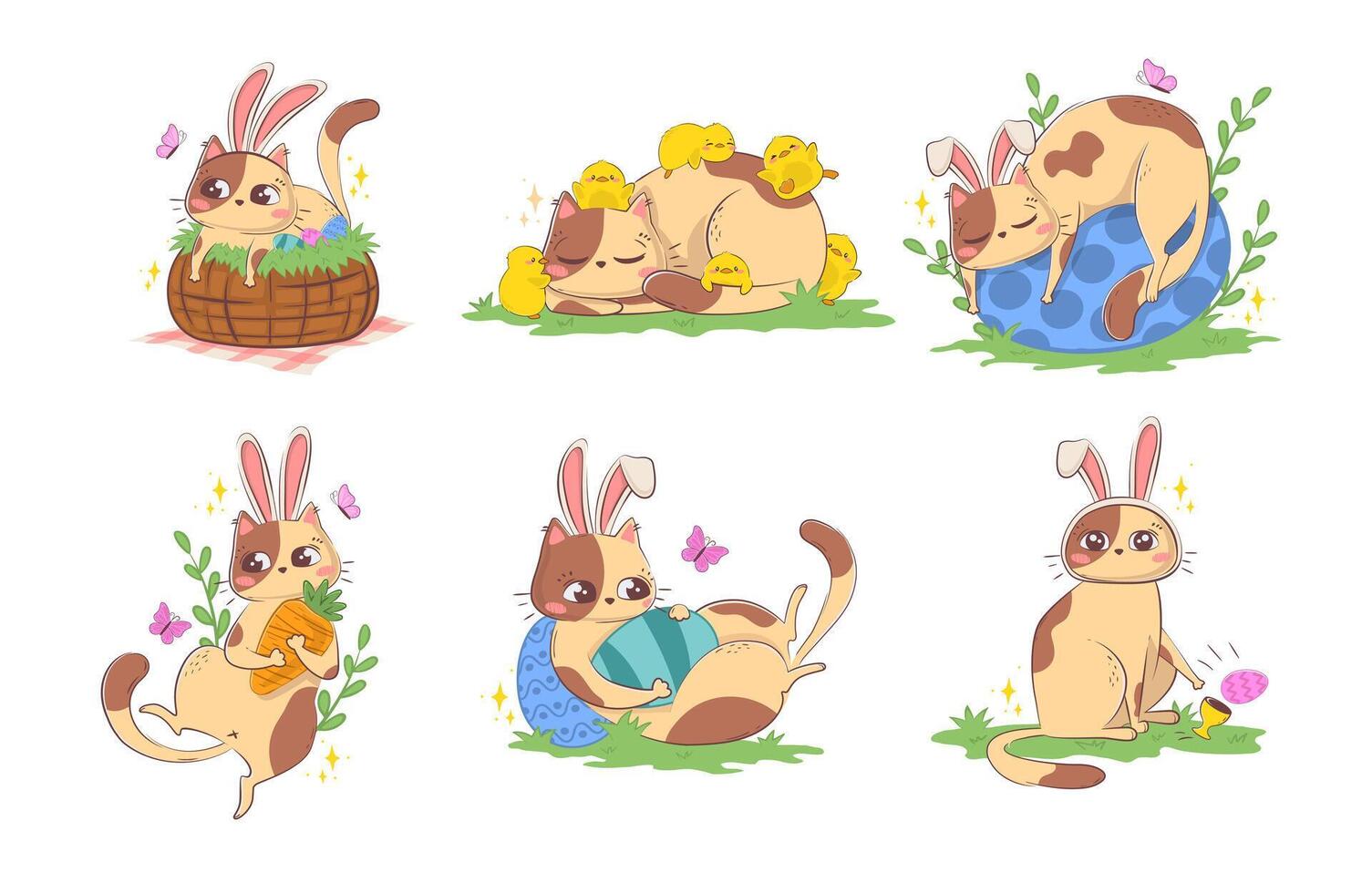 set of clipart with a cute cartoon cat in a bunny costume with Easter attributes. Funny spring character. vector