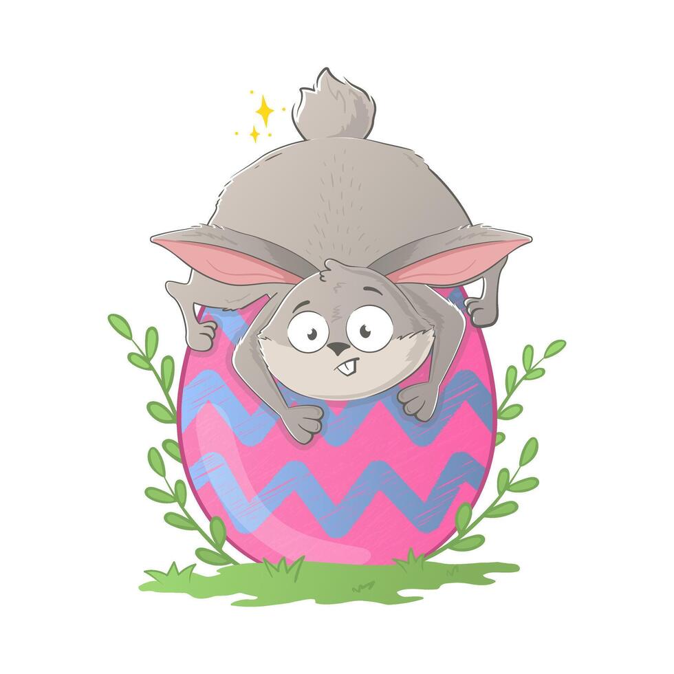 funny Easter bunny climbs and falls on a huge egg on the lawn. Holiday doodle character isolated on white background. vector