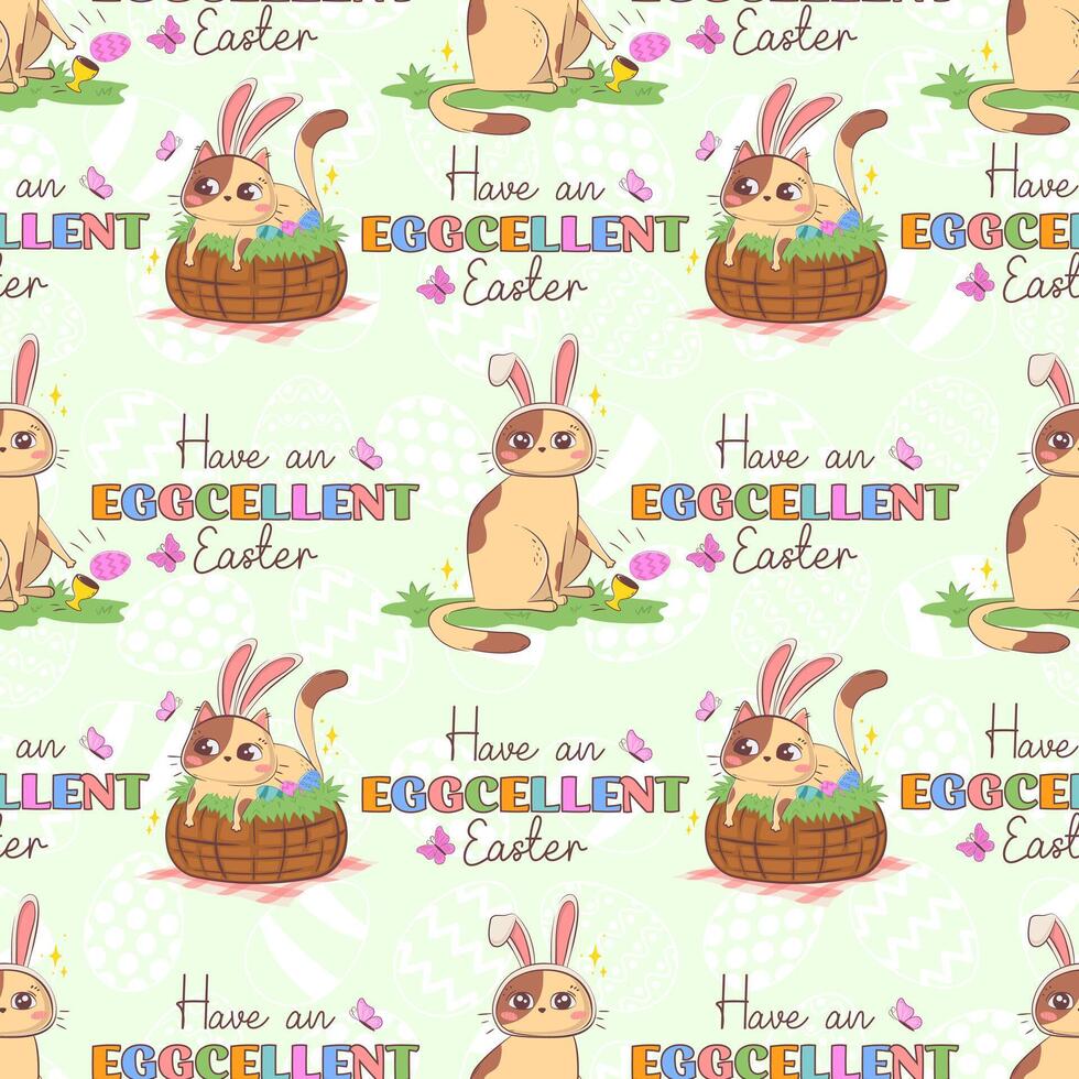 Seamless pattern with a cartoon cat with bunny ears and the pun  inscription Have an Eggcellent easter  isolated on a pastel background vector