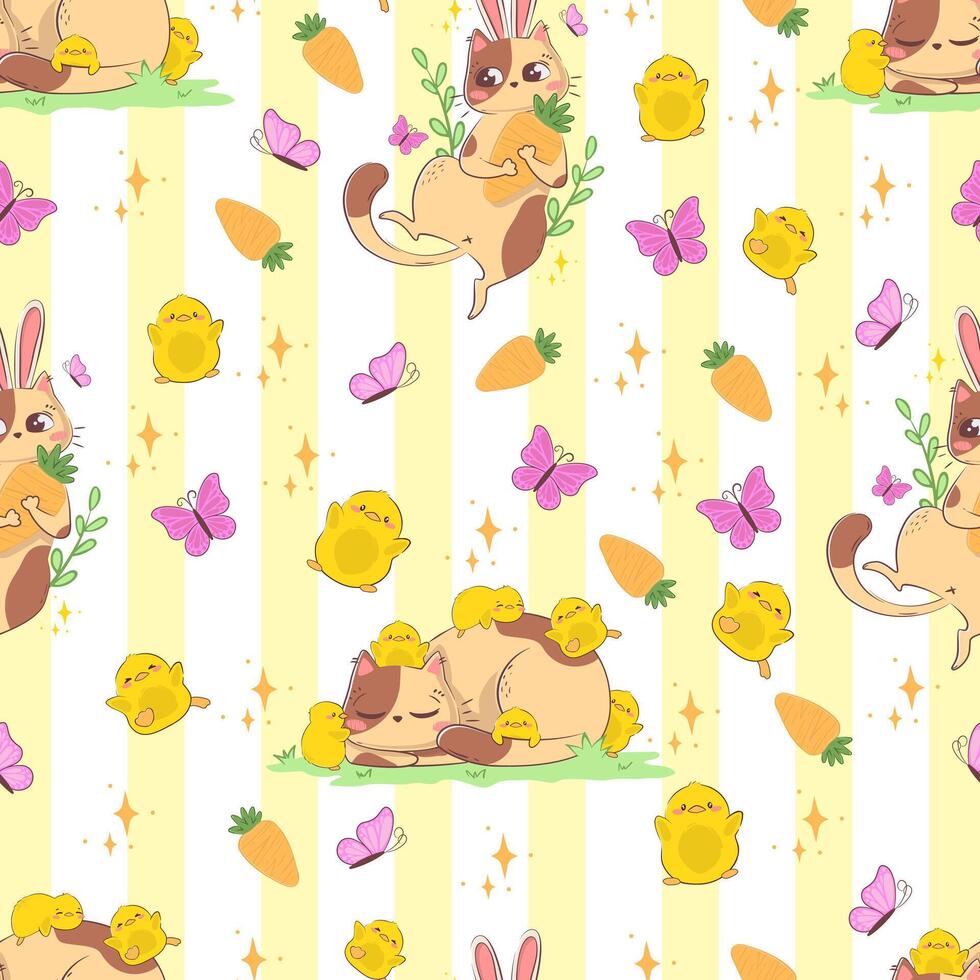 Seamless pattern with cartoon cat with bunny ears, chickens and butterflies isolated on pastel background. vector