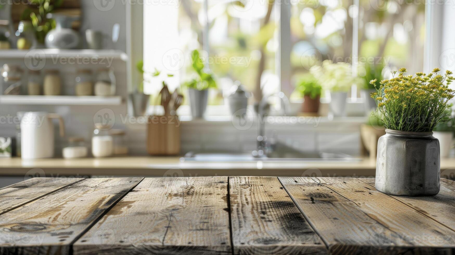 ai generado rústico sencillez, vacío de madera mesa conjunto en contra un borroso cocina banco antecedentes foto