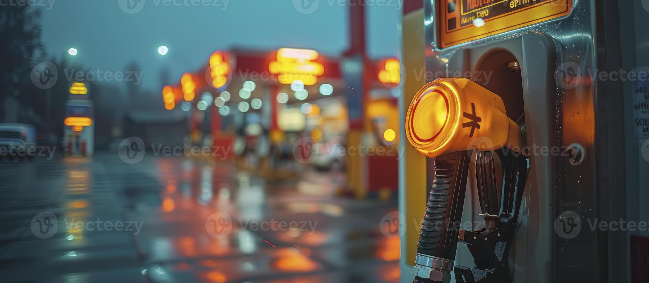 AI generated Petrol Station Scene, Gas Pump Nozzle in Fuel Dispenser, Facilitating Refueling with Gasoline and Diesel, Symbolizing Petroleum Industry and Service. photo