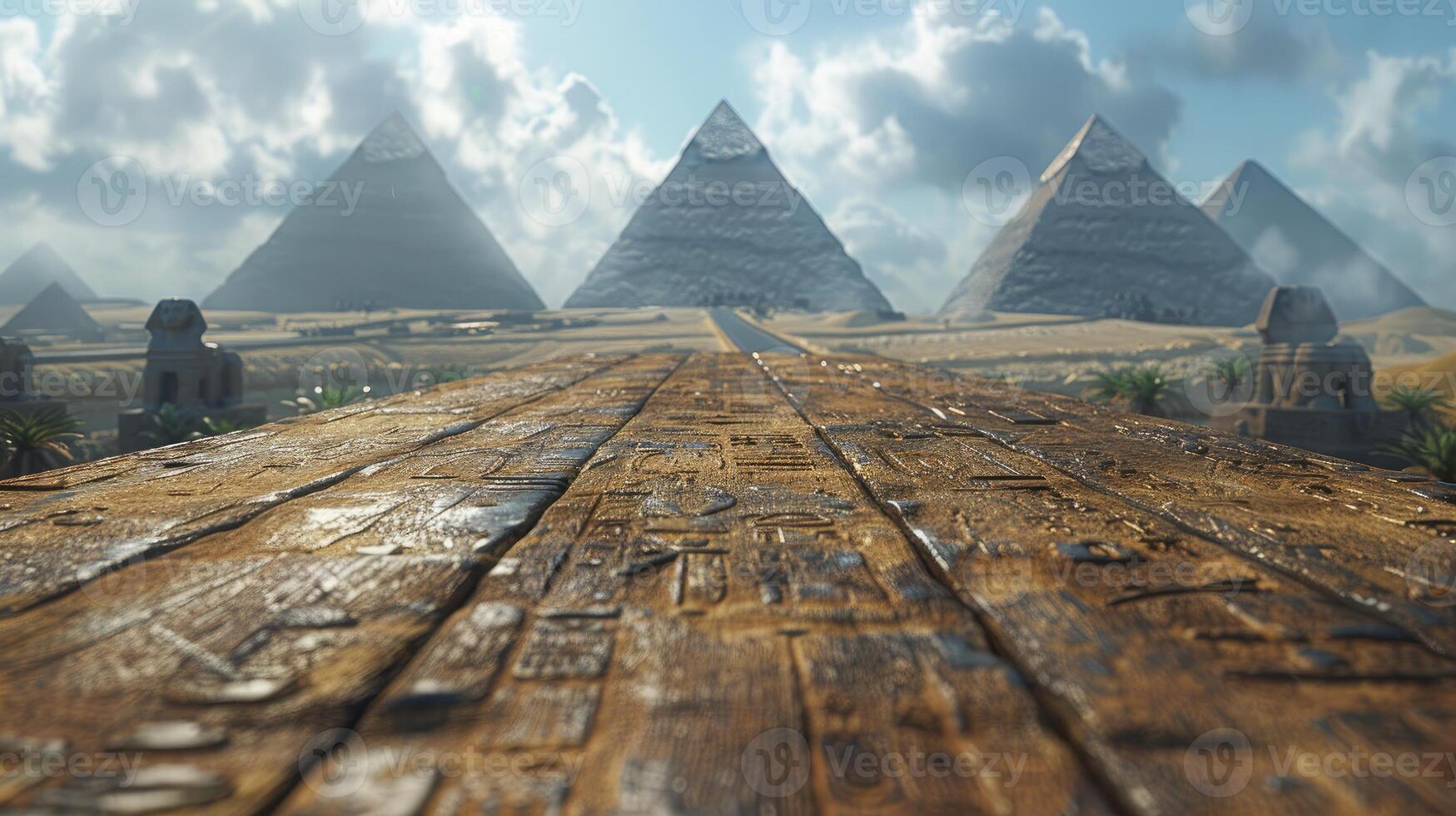 AI generated Desert Ambiance, An Empty Wooden Table Set Against the Majestic Backdrop of Pyramids and Sphinx Statues. photo