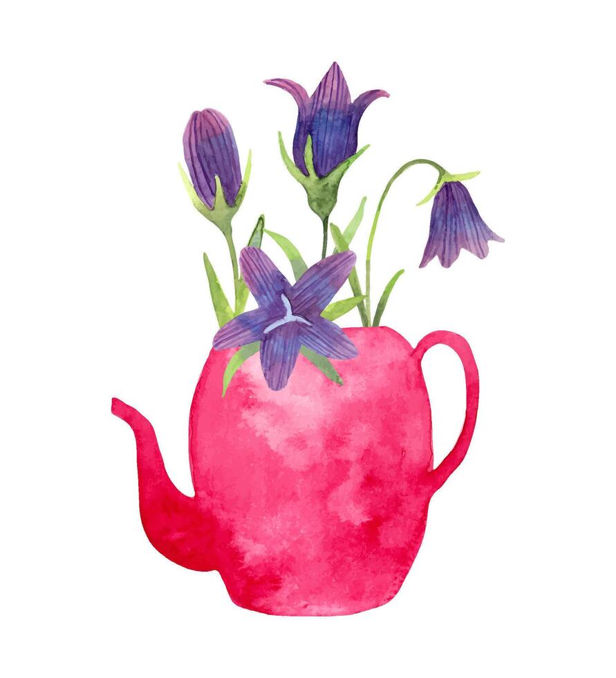 Composition of bluebells in a garden watering can. Watercolor illustration. Pink vase with purple flowers, leaves. Hand drawing. Simple stylized style. Spring botanical bouquet for Easter.Vector vector