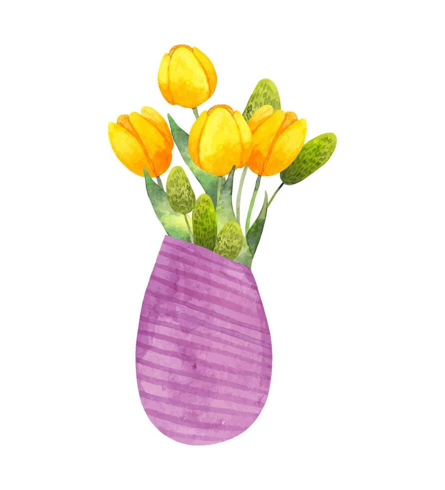 Composition of yellow tulips in a vase. Purple vase with flowers and green leaves. Watercolor illustration. Sketch of a simple stylized style. Spring botanical bouquet for Easter. Hand drawing.Vector vector