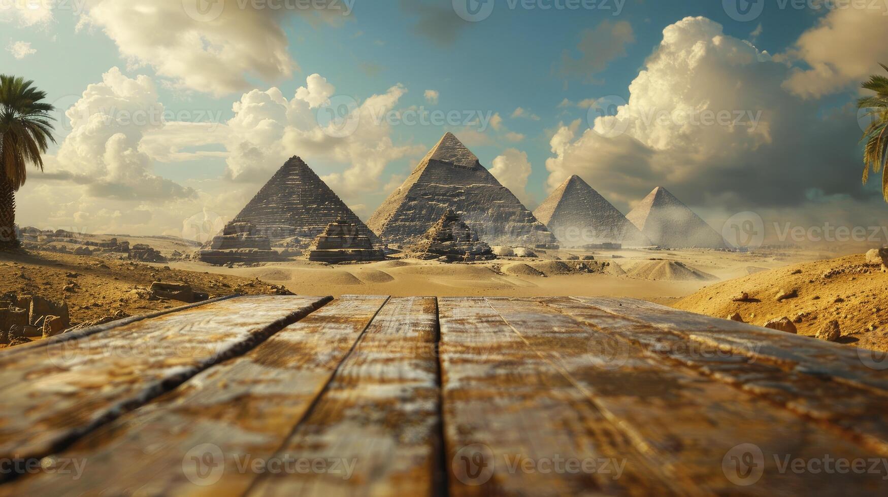 AI generated Desert Ambiance, An Empty Wooden Table Set Against the Majestic Backdrop of Pyramids and Sphinx Statues. photo