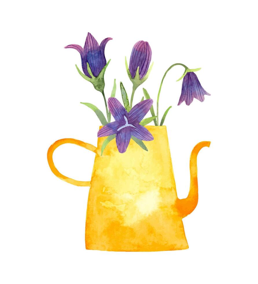 Composition of bluebells in a garden watering can. Watercolor illustration. Yellow vase with purple flowers, leaves. Simple stylized style. Spring botanical bouquet for Easter.Hand drawing. Vector