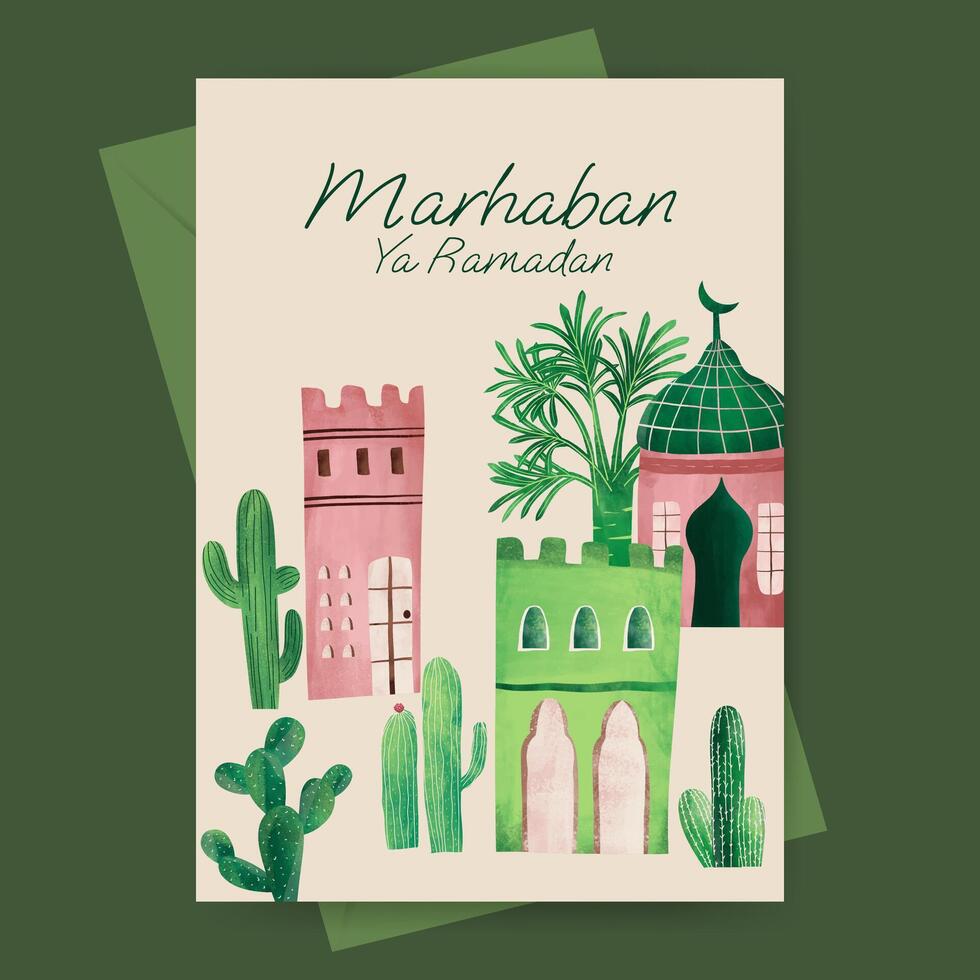 Islamic greeting card with mosque and plant illustration for ramadan  eid mubarak  islamic day. vector