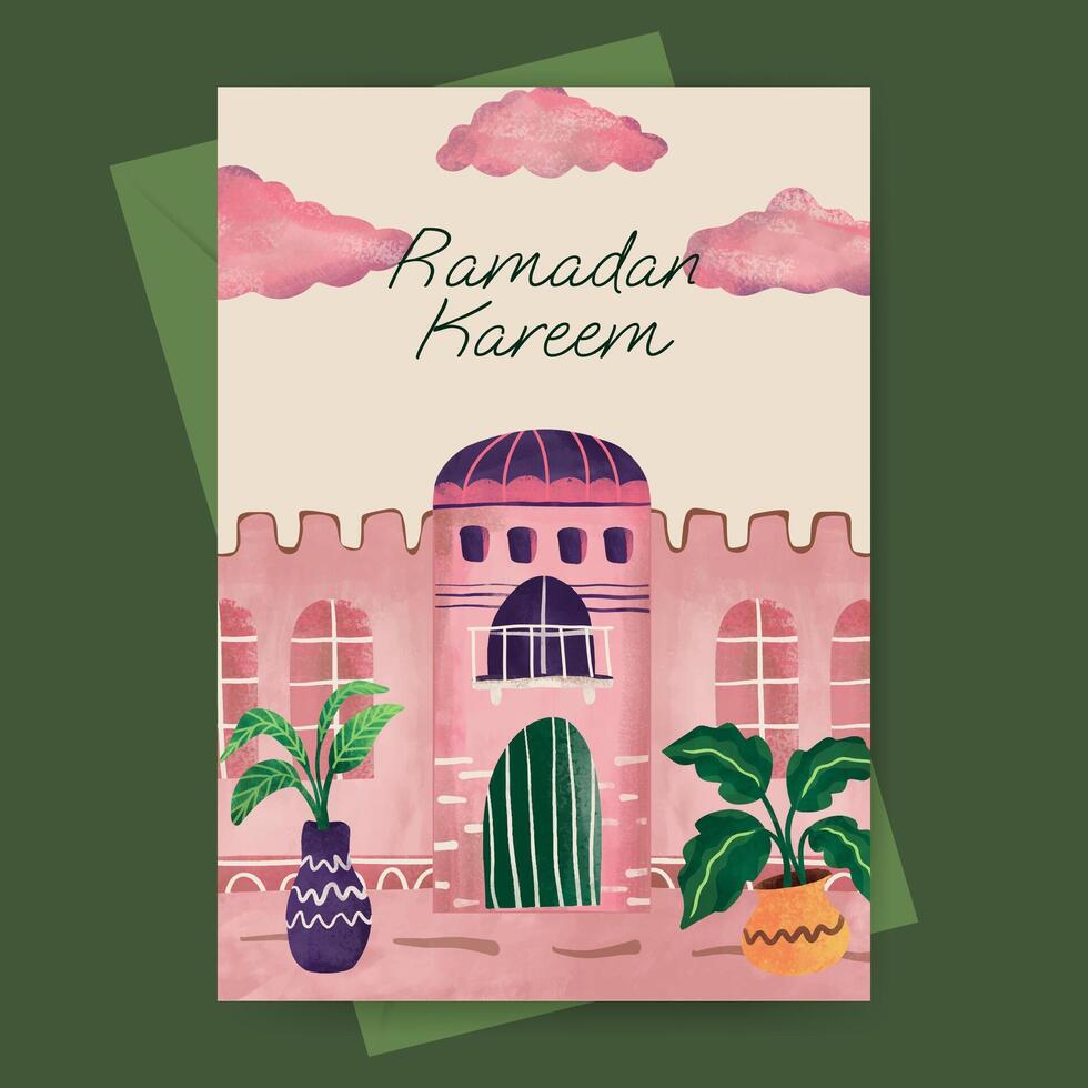 Islamic greeting card with mosque and plant illustration for ramadan  eid mubarak  islamic day. vector