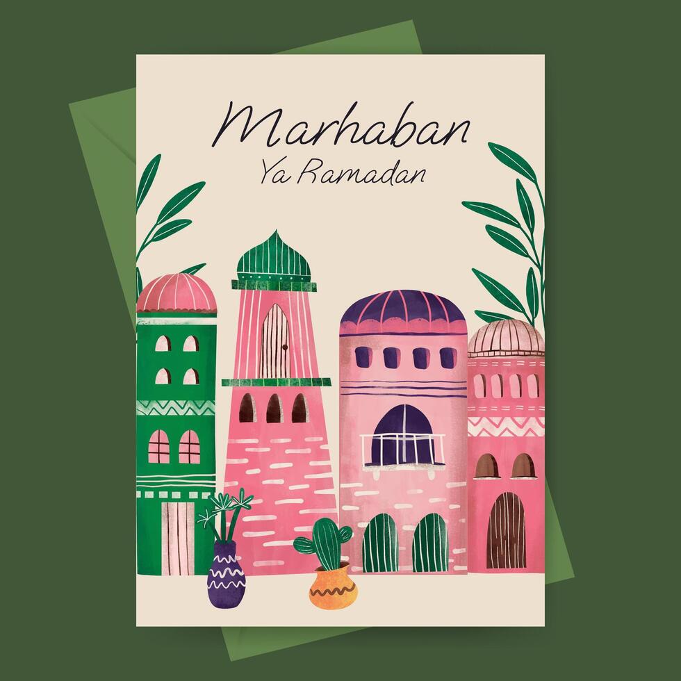 Islamic greeting card with mosque and plant illustration for ramadan  eid mubarak  islamic day. vector