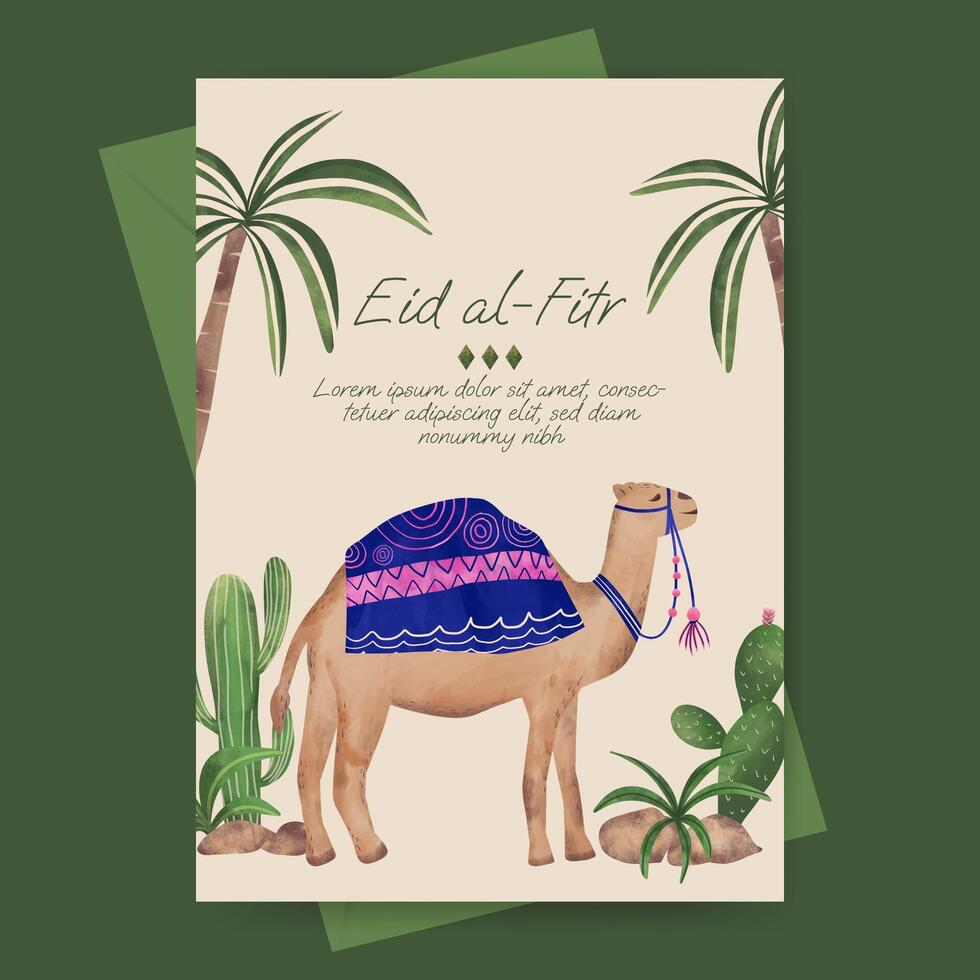 islámico saludo tarjeta con mezquita y planta ilustración para Ramadán eid Mubarak islámico día. vector