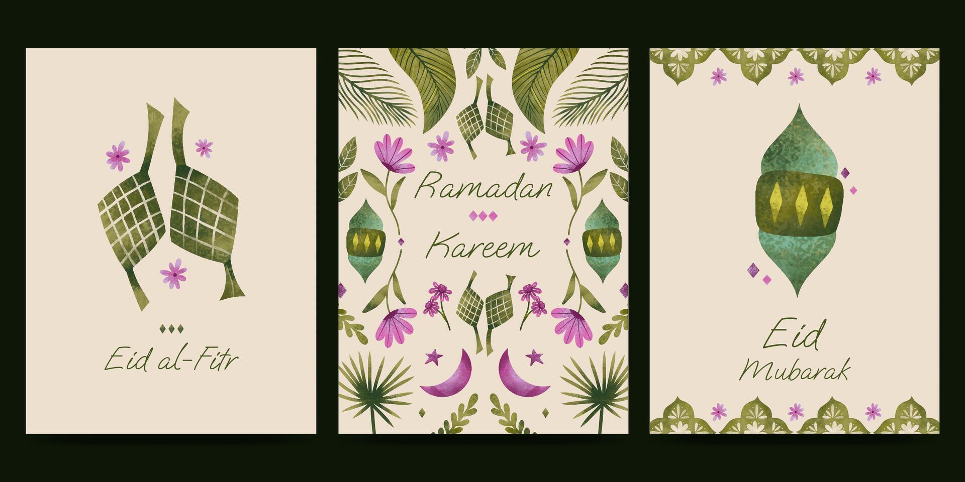 Islamic greeting card with flower and plant illustration for ramadan  eid mubarak  islamic day. vector