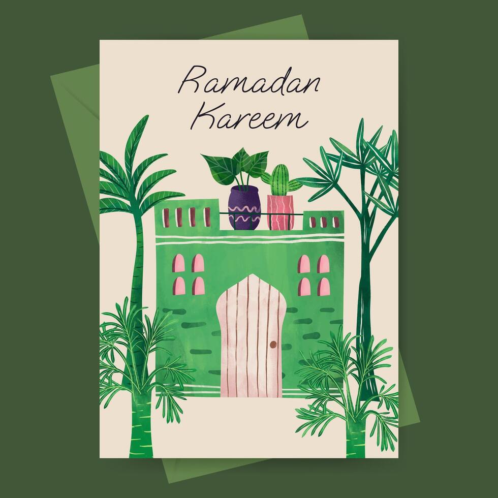 islámico saludo tarjeta con mezquita y planta ilustración para Ramadán eid Mubarak islámico día. vector