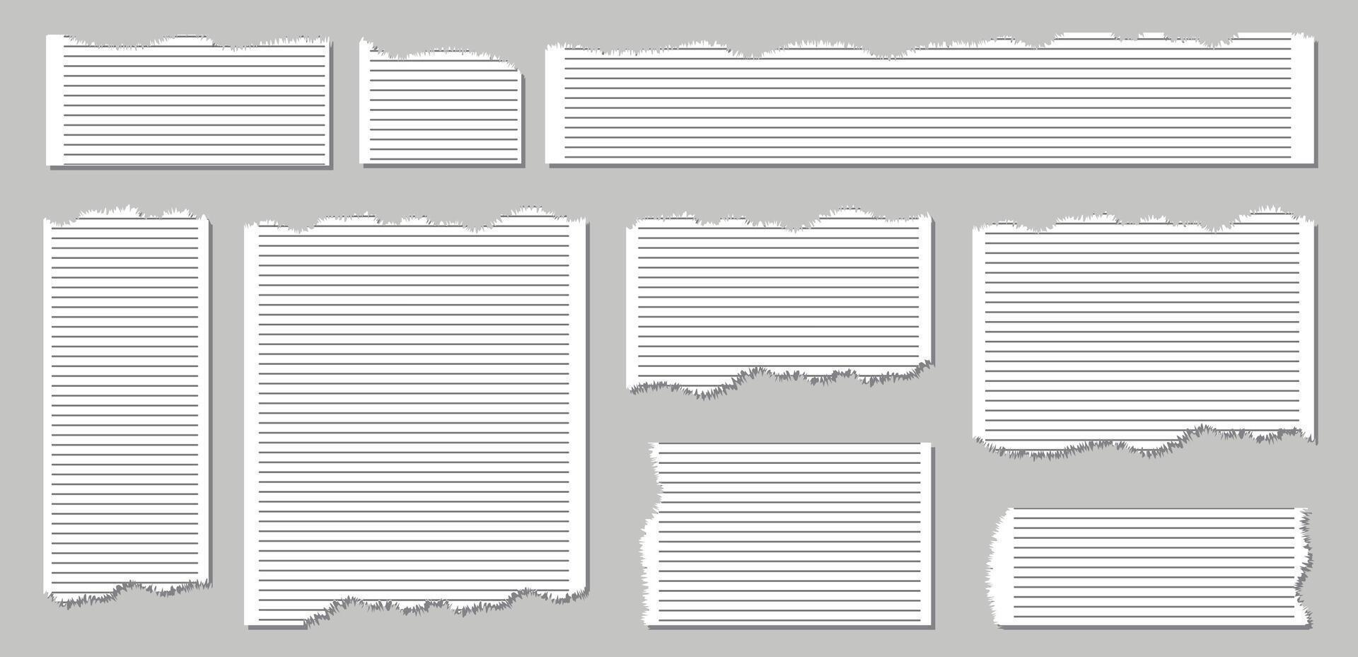 Pieces of torn white note paper different shapes isolated on gray background realistic vector illustration, Notepad torn paper for message note, page or banner and cardboard blank ripped piece strips