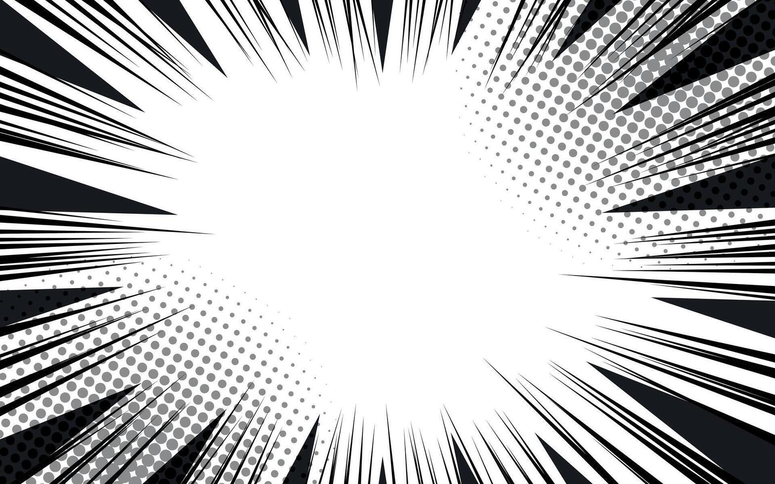 Comic book action lines background. Manga speed frames, superhero action. Black and white vector retro illustration