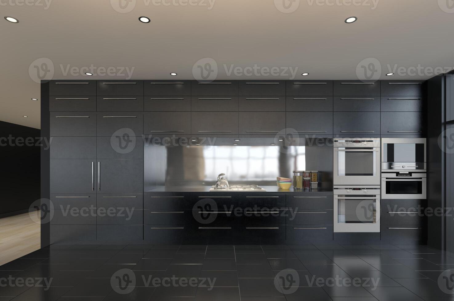 moderno cocina en un desván estilo con negro paredes foto