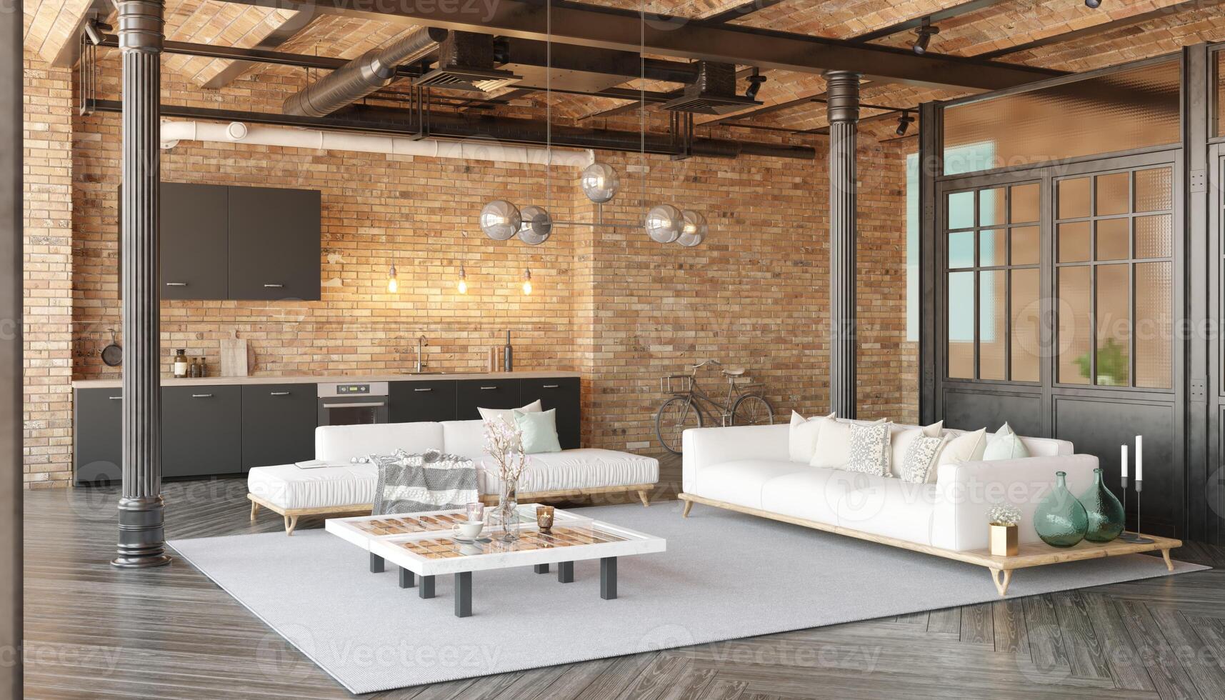 A modern loft living room with a couch, a kitchen photo