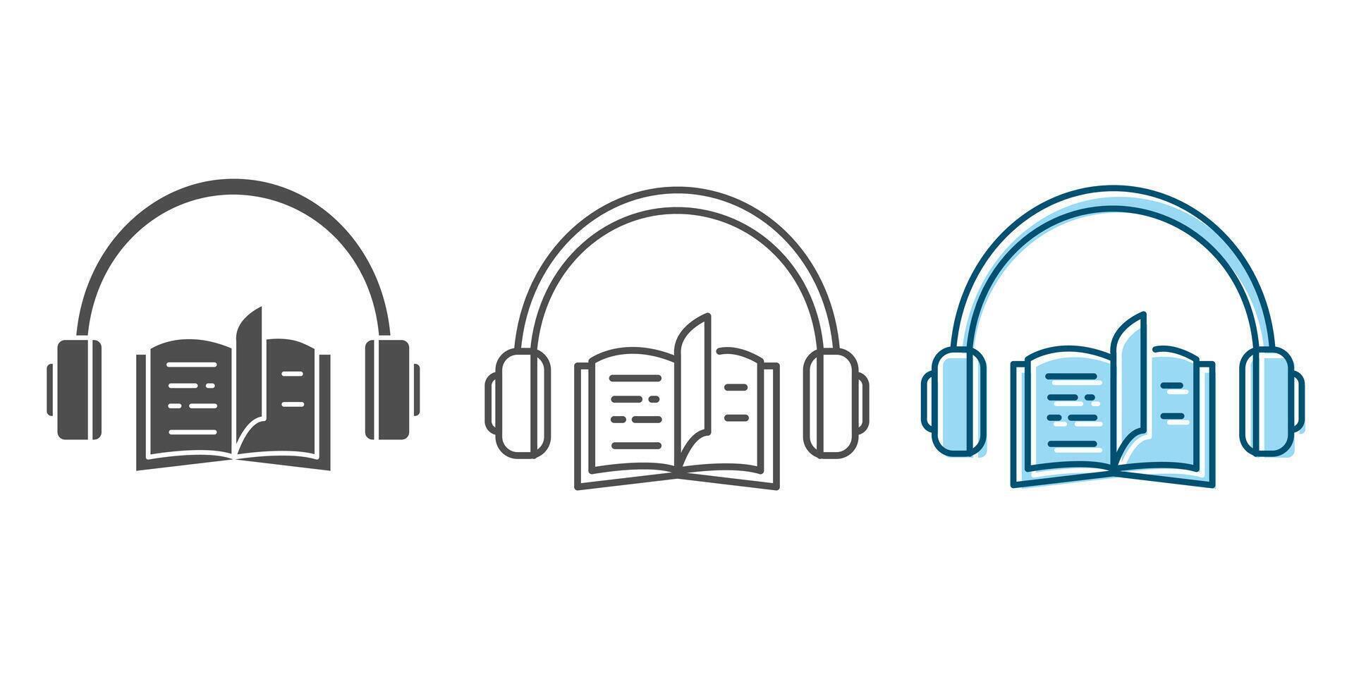 audio libro icono colocar. libro y auriculares contorno vector icono. vector ilustración en un blanco antecedentes