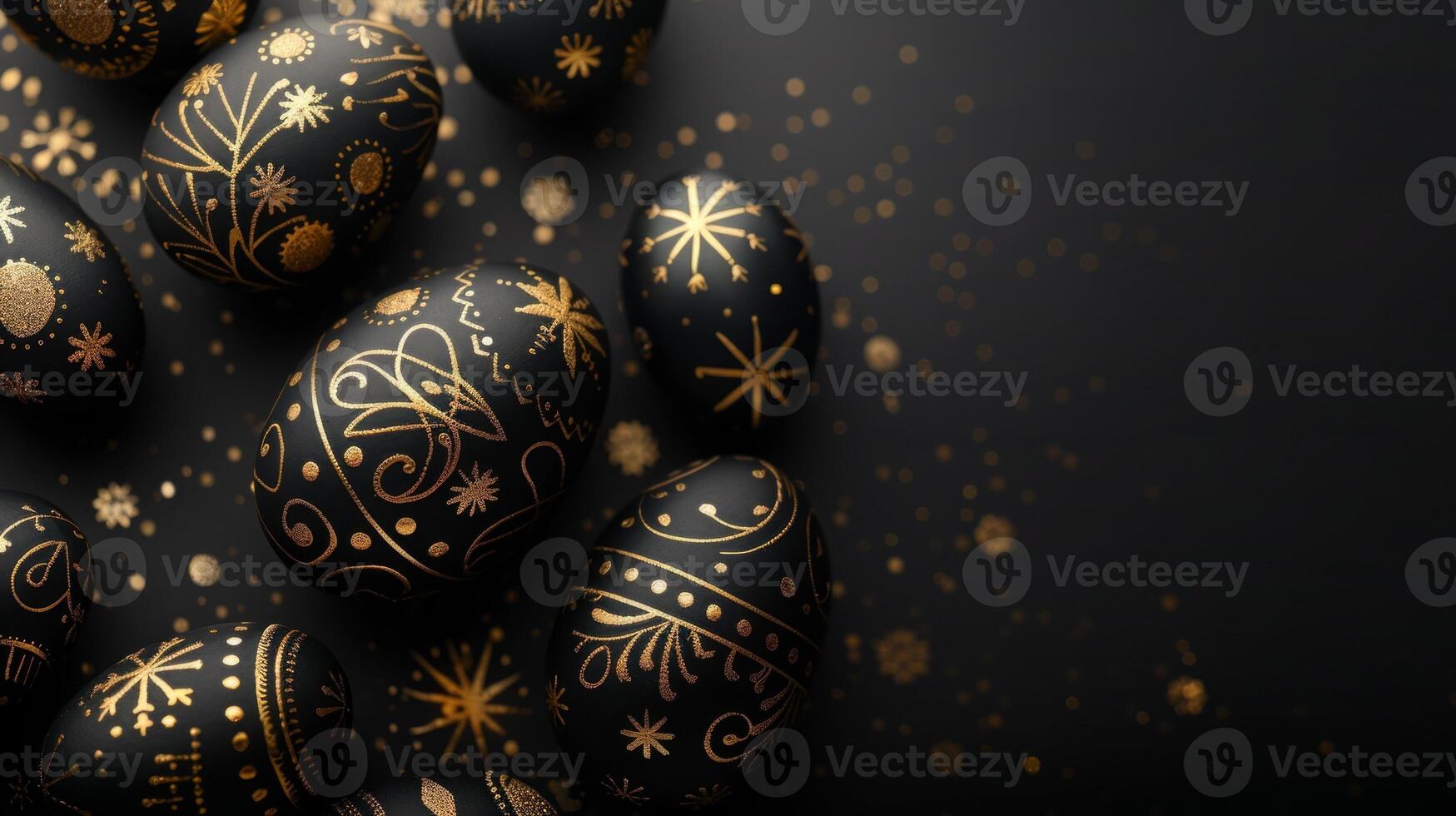 AI generated Easter black with gold ornament eggs on a black background. Easter minimalistic concept. Copy space. photo