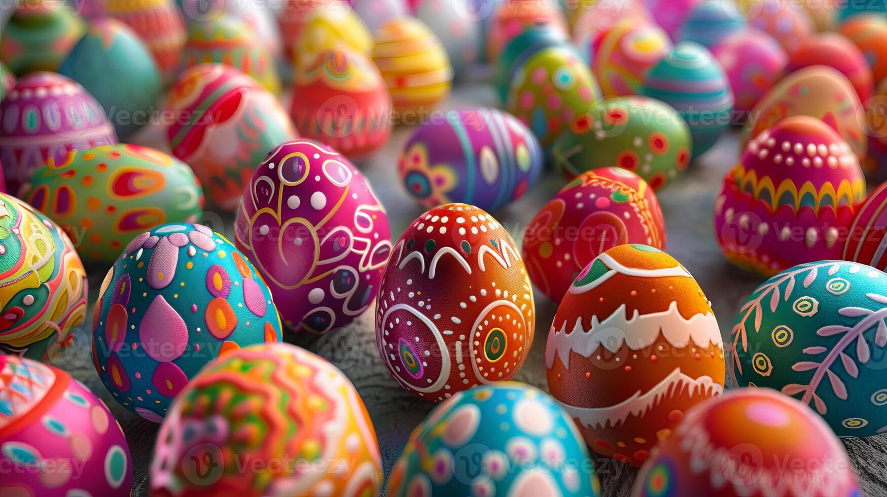 AI generated Pile of colorful Easter 3D eggs. Easter background concept. photo