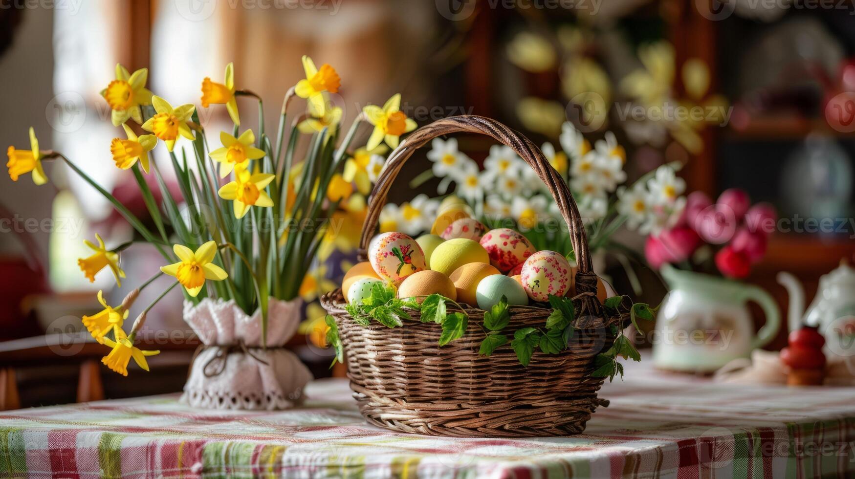 AI generated Composition with Easter eggs and flowers in the woven basket in the home. Spring holiday Easter celebration concept. photo