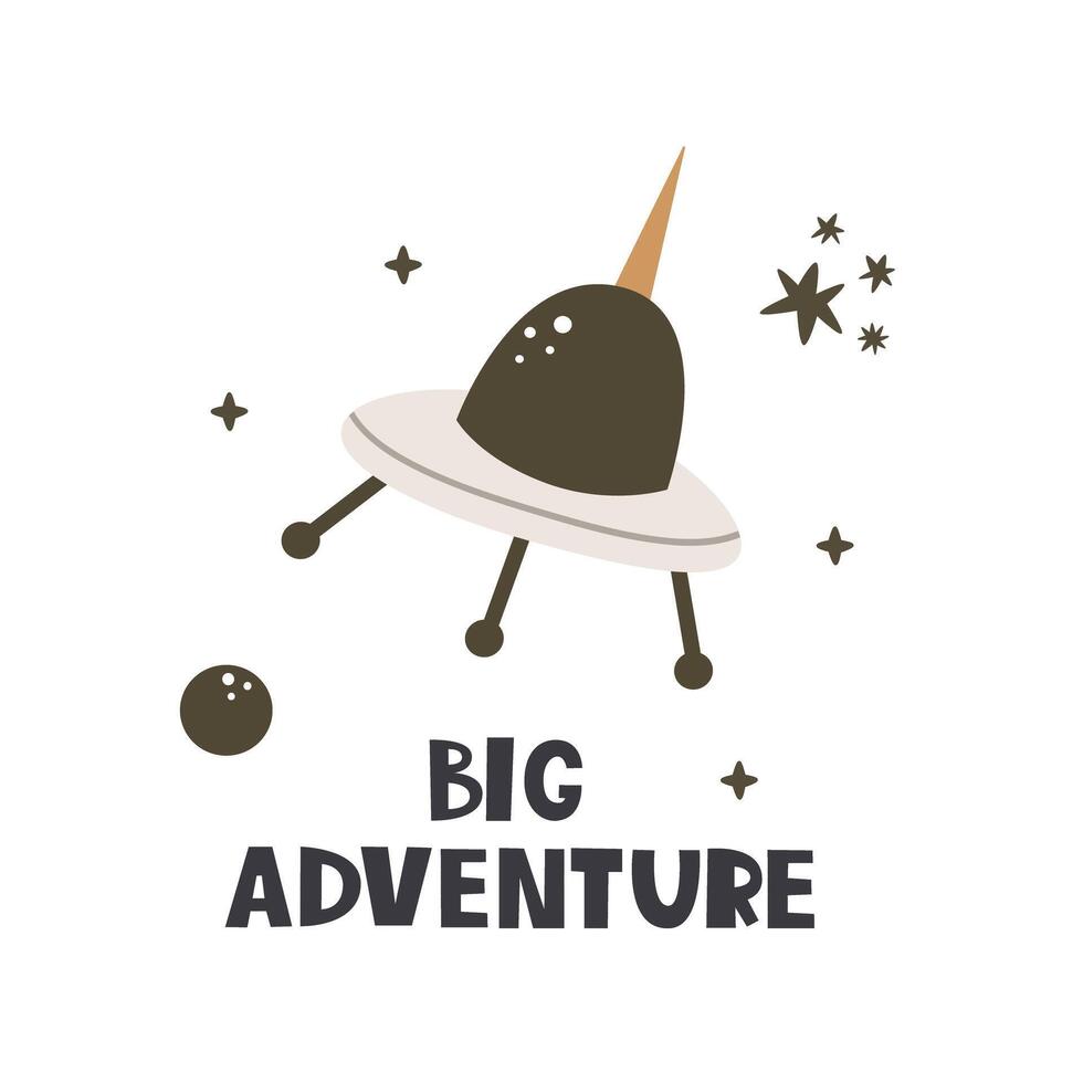 grande aventura. dibujos animados astronave, mano dibujo letras, decoración elementos. vistoso vector ilustración para niños. plano estilo. bebé diseño para tarjetas, carteles, camiseta impresión.