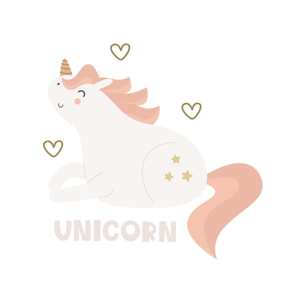 dibujos animados unicornio, mano dibujo letras, decoración elementos. vistoso vector ilustración para niños, plano estilo. bebé diseño para tarjeta, imprimir, póster, cubrir.