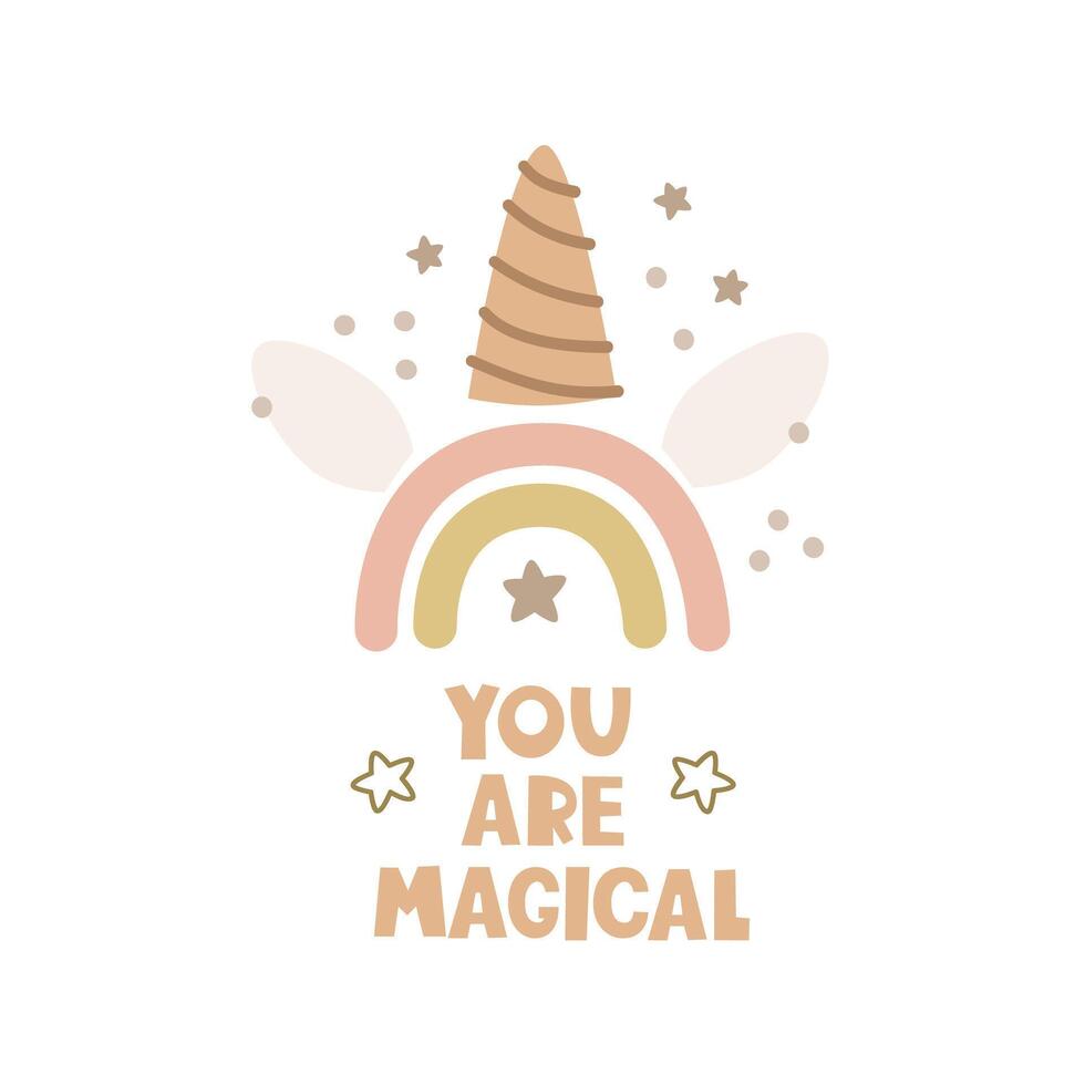 You are unicorn. Cartoon rainbow, horn, hand drawing lettering, decor elements. Colorful vector illustration for kids, flat style.