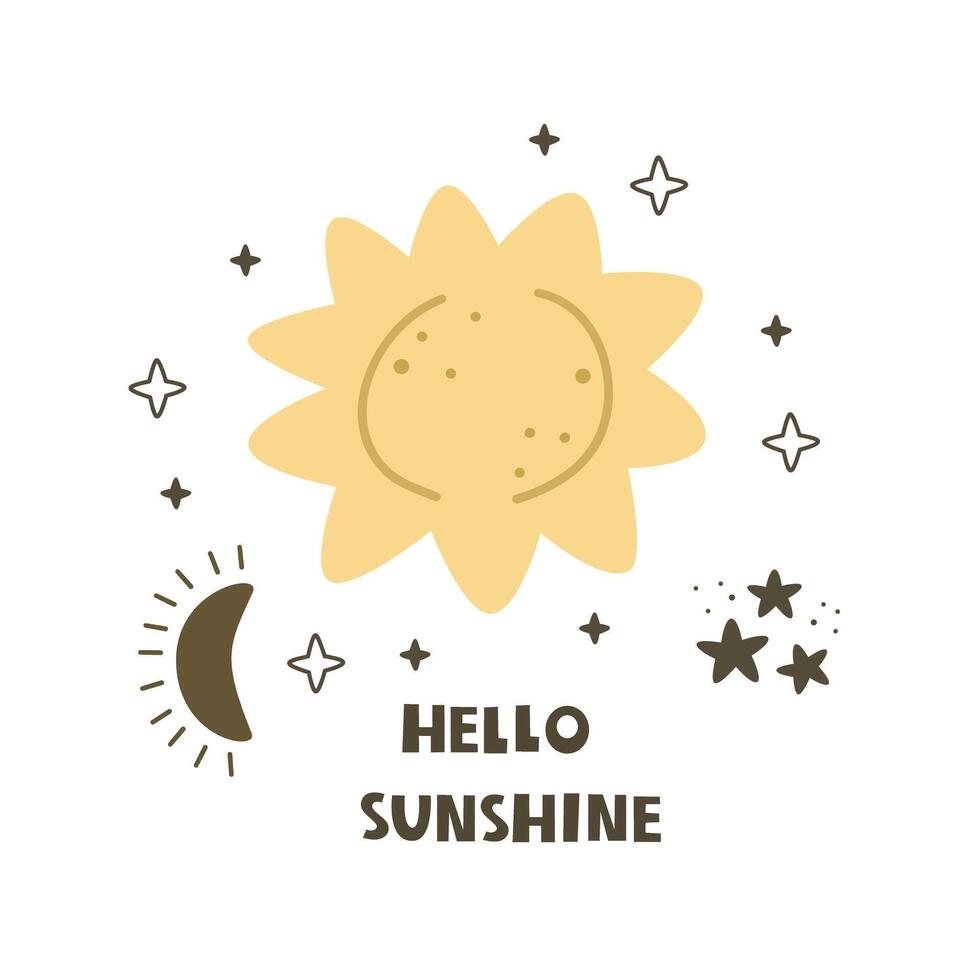 Hello sunshine. Cartoon sun, hand drawing lettering, decor elements. Space. colorful vector illustration for kids, flat style. baby design for cards, print, posters, logo, cover