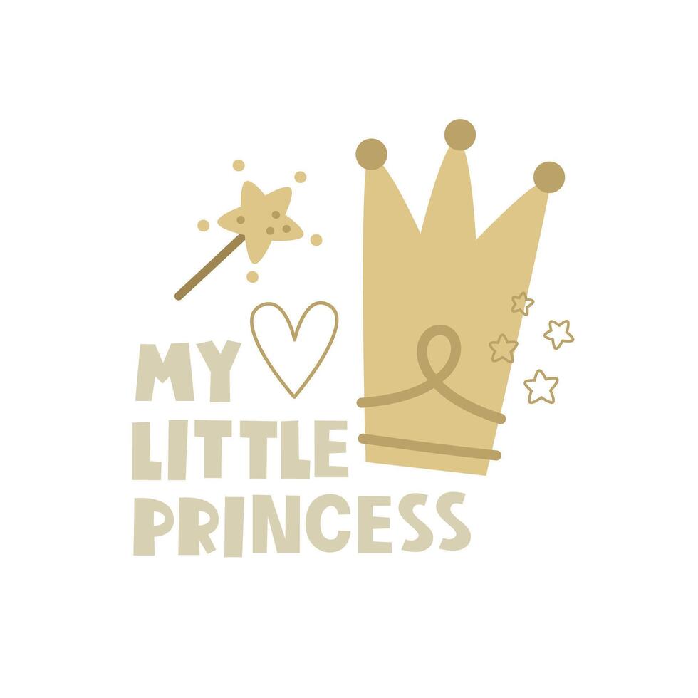 mi pequeño princesa. dibujos animados corona, mano dibujo letras, decoración elementos. vistoso vector ilustración, plano estilo. diseño para tarjetas, camiseta imprimir, póster