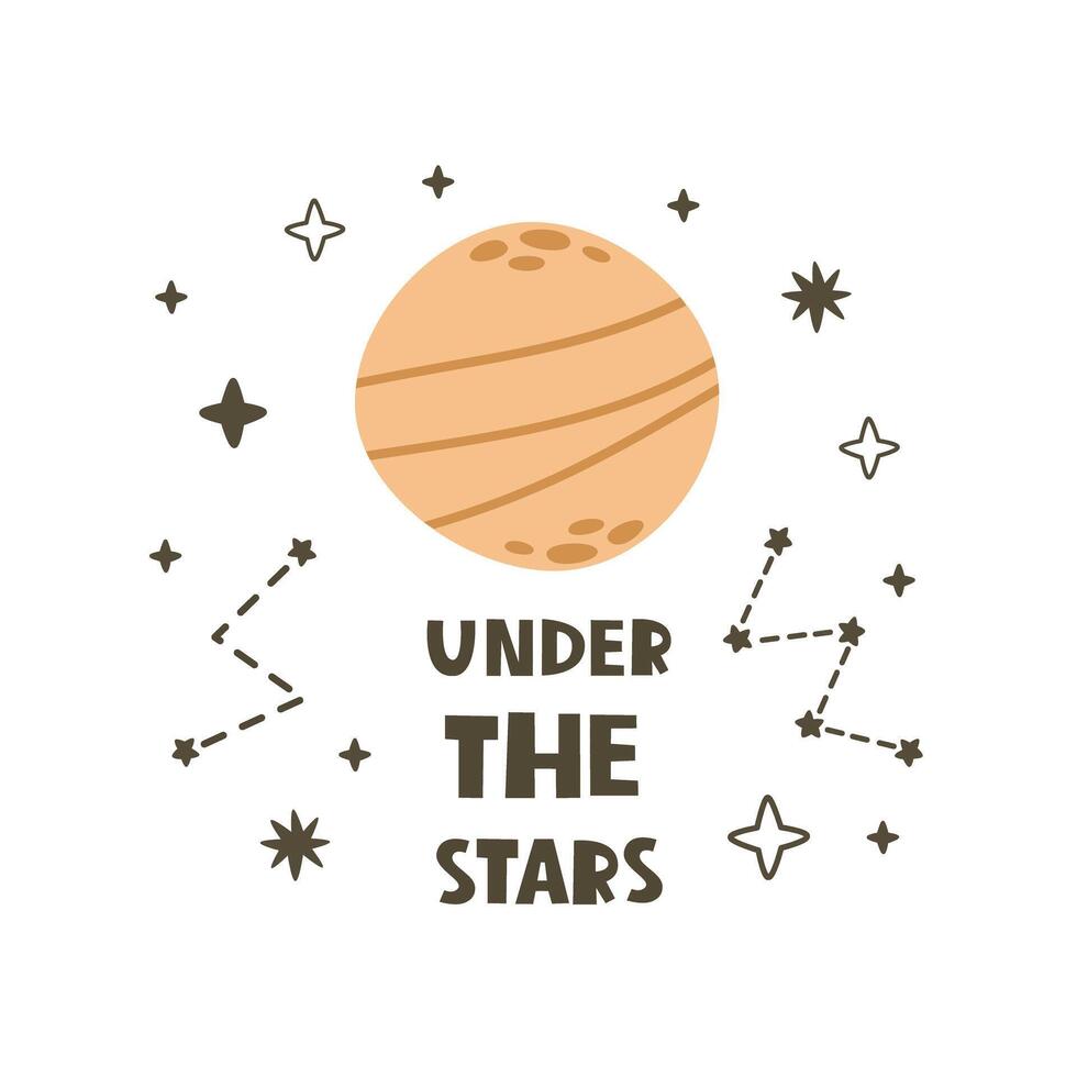 under the stars. Cartoon planet, hand drawing lettering vector
