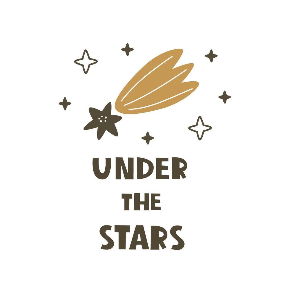 under the stars. Cartoon comet, hand drawing lettering vector