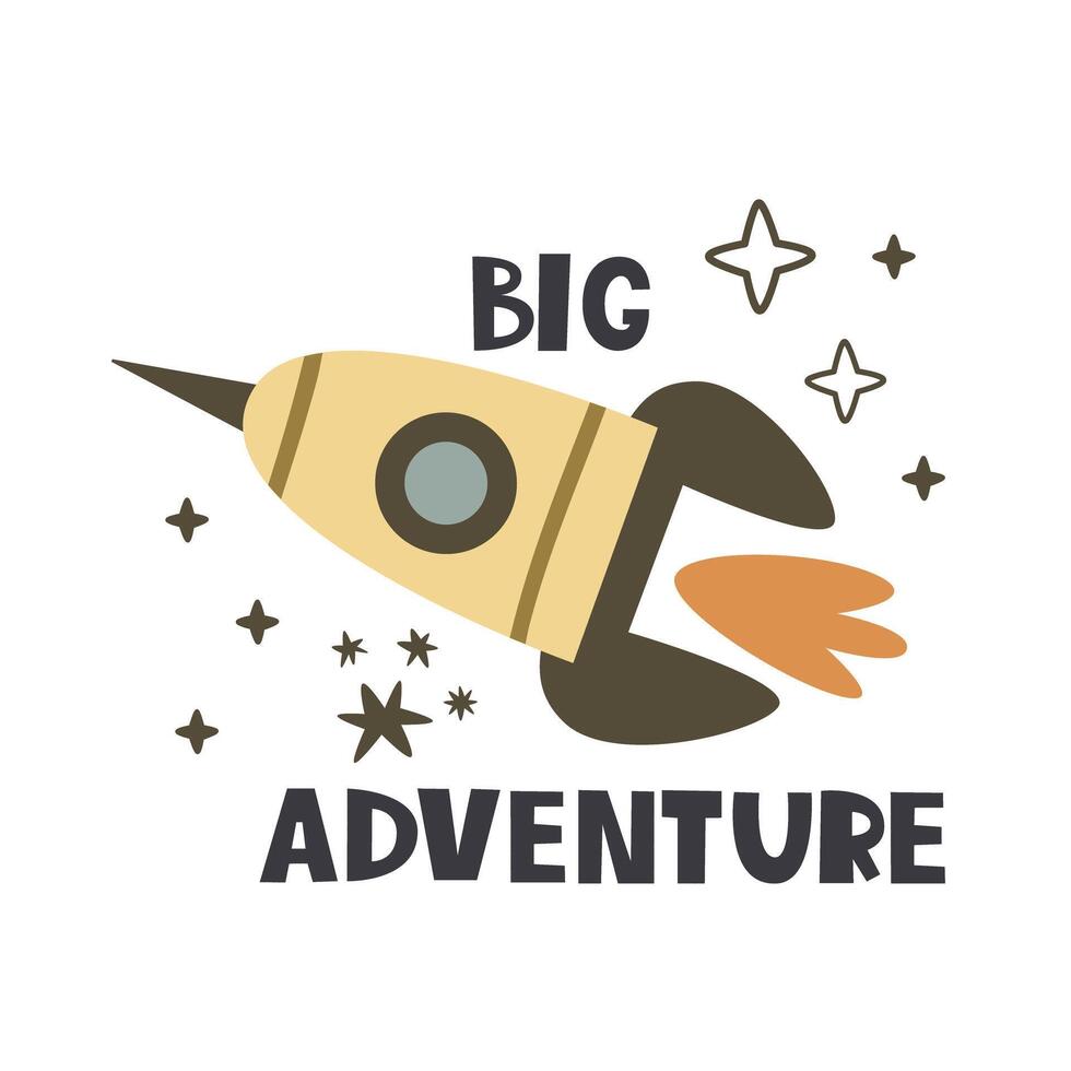 big adventure. Cartoon spaceship, hand drawing lettering, decor elements. Colorful vector illustration for kids. flat style. baby design for cards, posters, t-shirt print.