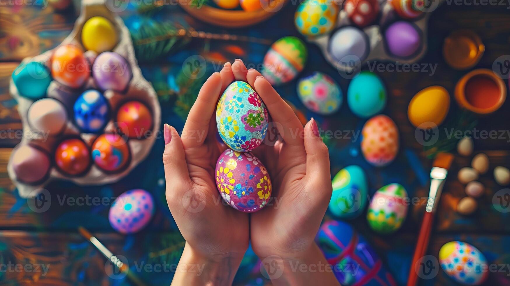 AI generated Woman painting Easter egg at home on old wooden table. Handmade decoration for holidays. photo