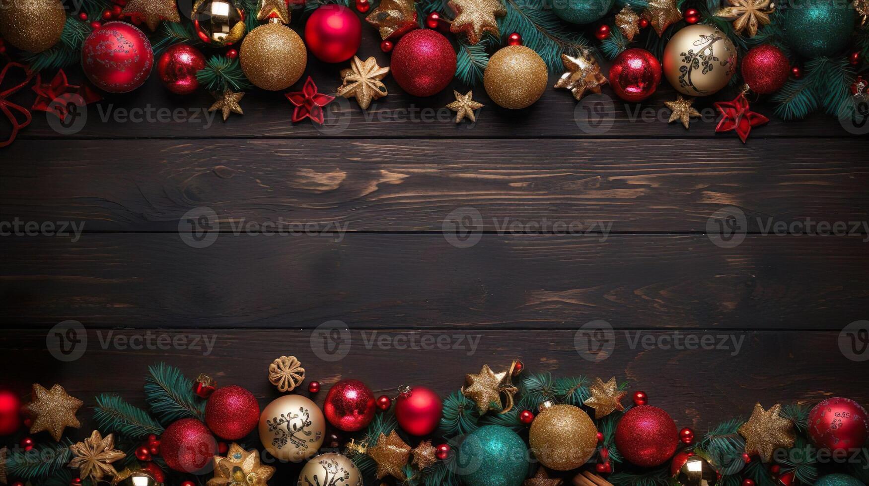 AI generated Colored balls on Christmas background with place for text. Template for design, banner. photo