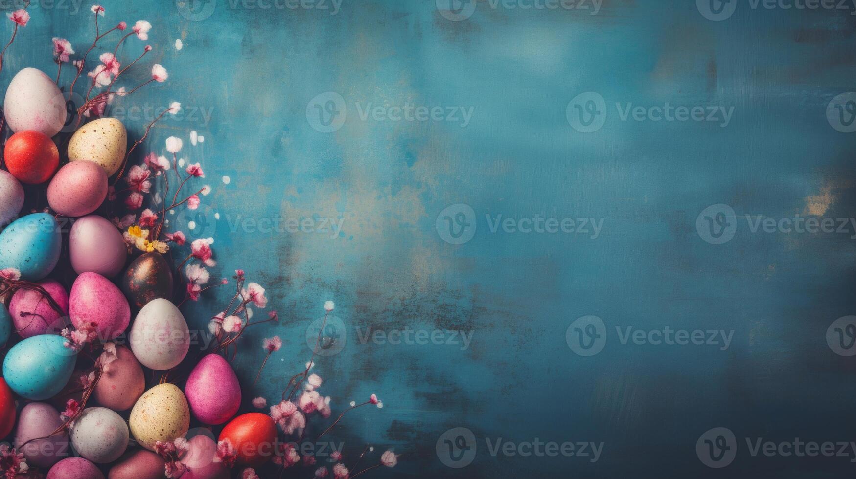 AI generated Easter background with Easter painted eggs and spring flowers on rustic background. Top view with copy space. photo