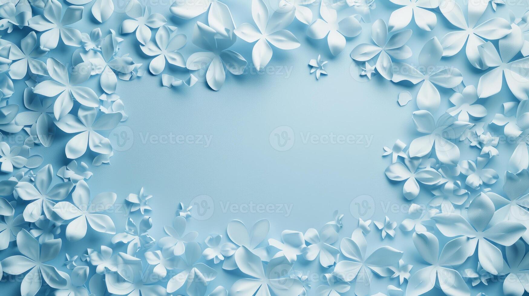 ai generado hermosa azul flores en azul antecedentes con Copiar espacio. corte de papel estilo. foto