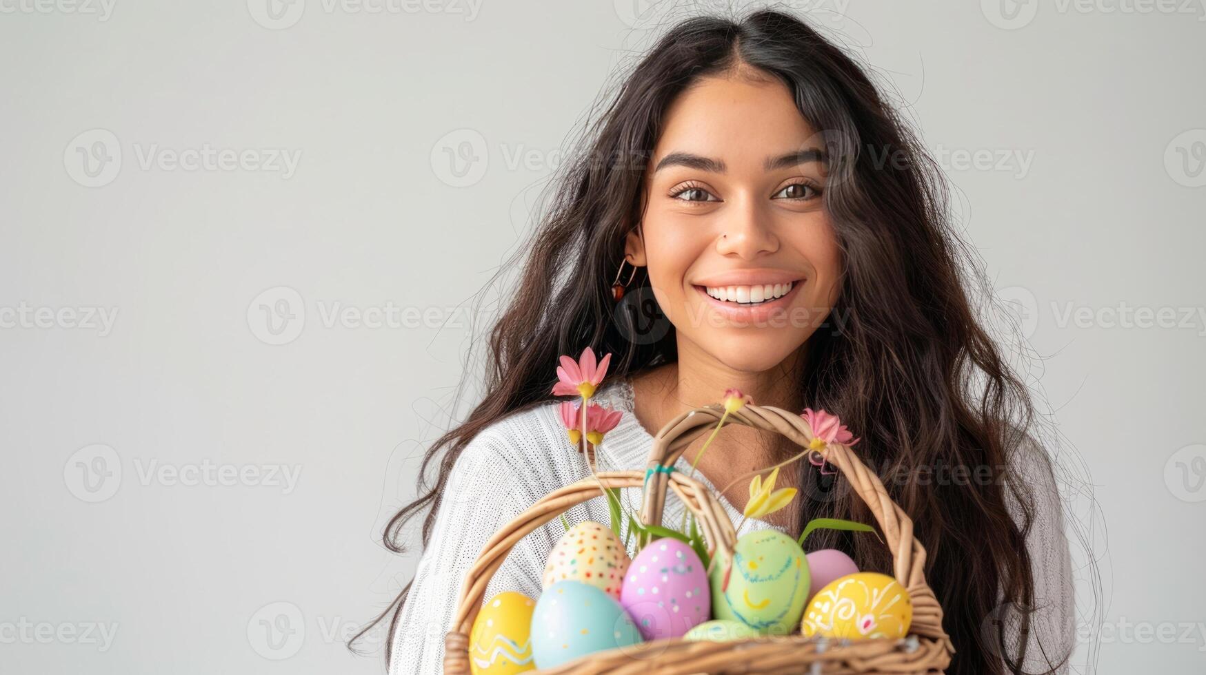 AI generated Young smiling Hispanic woman wearing casual clothes hold wicker basket with colorful Easter eggs isolated on pastel background. Copy space. photo