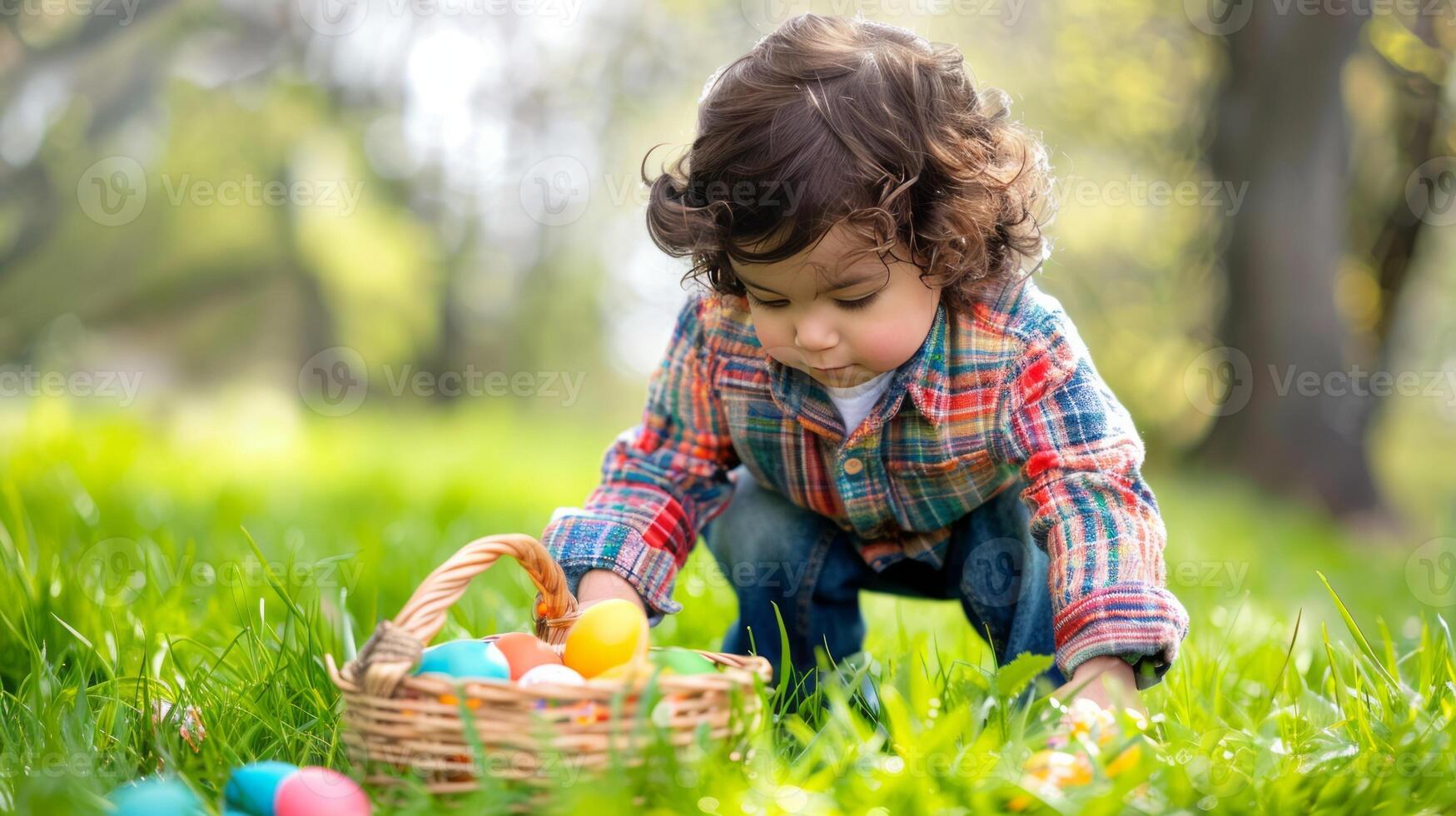 AI generated Little Hispanic boy hunting for egg in spring garden on Easter day. Beautiful spring sunny day in park. Traditional Easter festival outdoors. photo