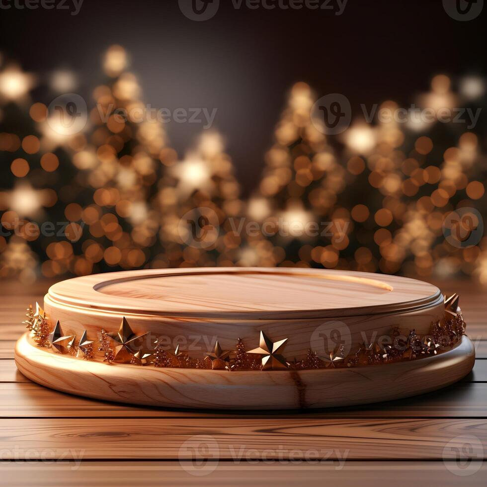 AI generated Wooden table with christmas theme in background. Mock up banner for display of advertise photo