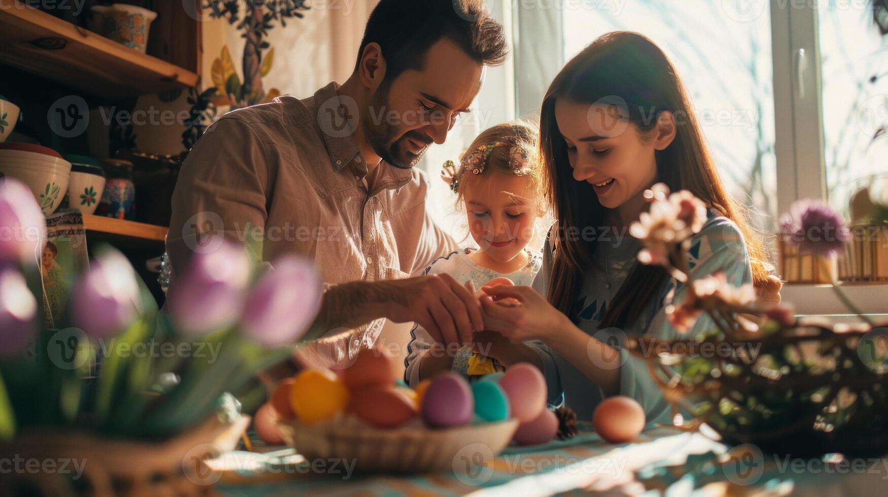 AI generated Happy family with little kids celebrating Easter and decorating Easter eggs at dining table in kitchen. Easter Family traditions. photo
