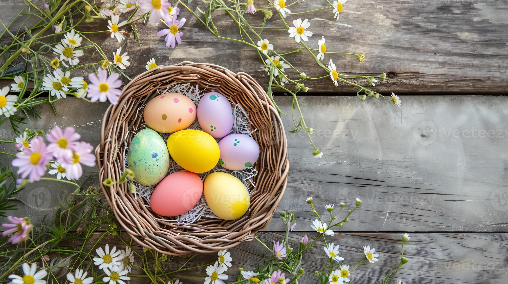 AI generated Easter background with Easter eggs in basket and spring flowers on wooden background. Copy space. photo