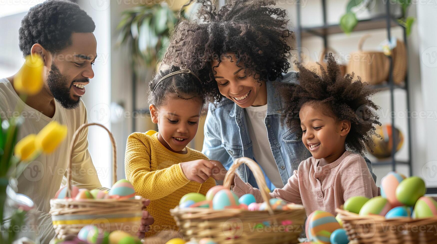 AI generated Happy black skin family with little kids celebrating Easter and decorating Easter eggs at dining table in kitchen. Easter Family traditions. photo