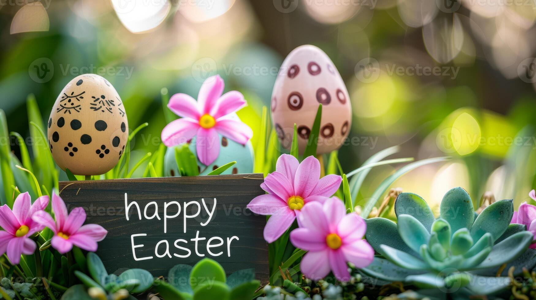 AI generated Happy Easter. Greeting banner postcard with decorative eggs in garden. photo